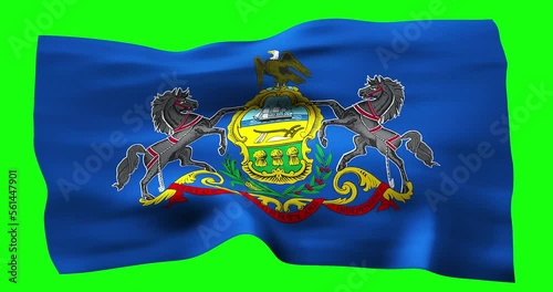 Flag of Pennsylvania realistic waving on green screen. Seamless loop animation with high quality
