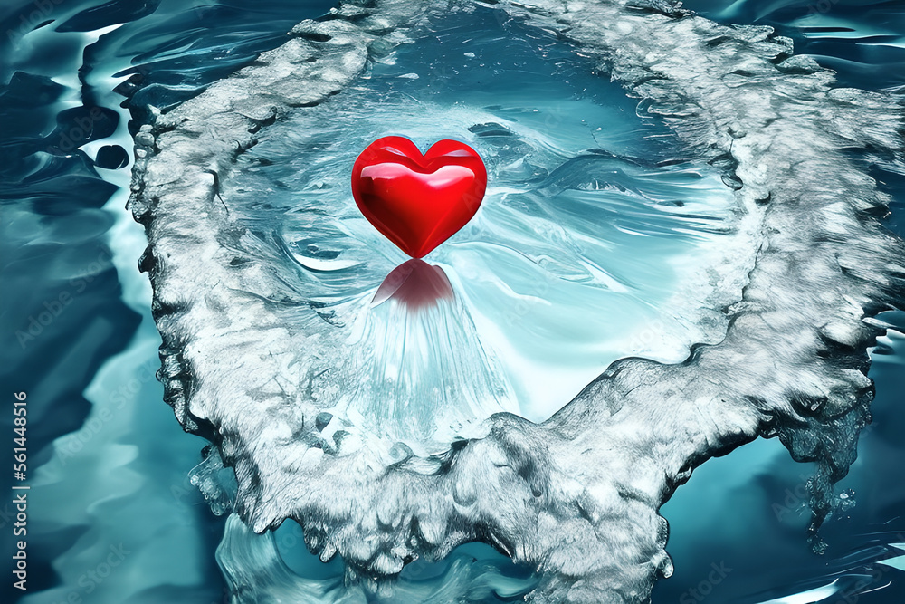 Fototapeta premium A red heart in a wave in the water. Valentine’s Day. GENERATIVE AI
