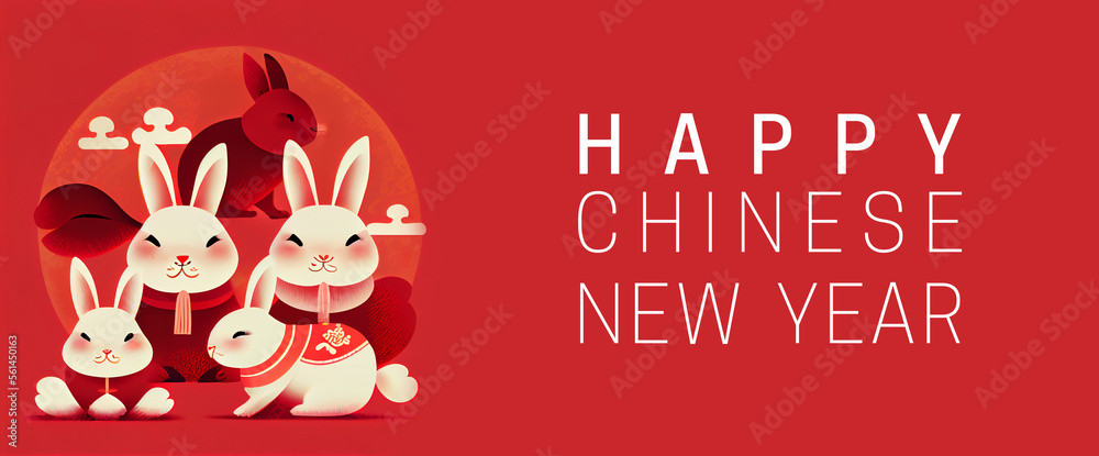 Four cute rabbits on red background, with 