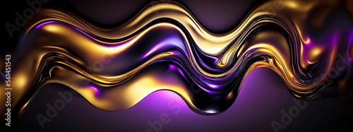 panoramic abstract liquid metal  iridescent  purple and gold wave