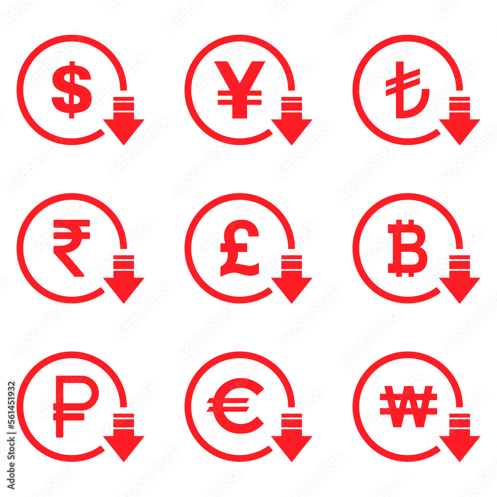 Cost reduction- decrease dollar euro icon. Vector symbol image isolated on background Cost reduction- decrease dollar euro icon. Vector symbol image isolated on background