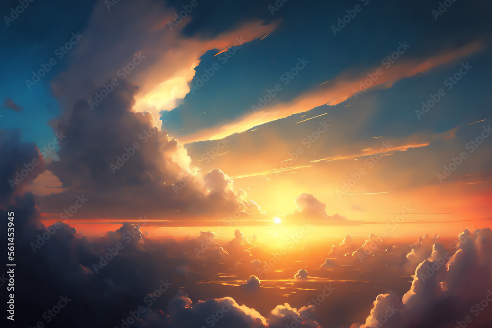 Sunset skyscape in the clouds. Beautiful paint illustration sunset skyscape. Generated by AI
