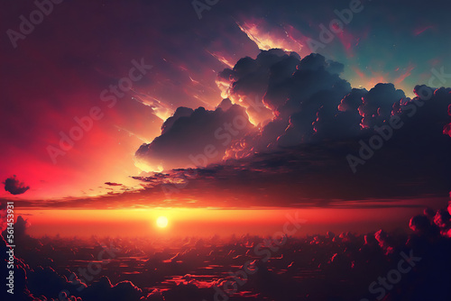 Sunset skyscape in the clouds. Beautiful paint illustration sunset skyscape. Generated by AI © D.Myts