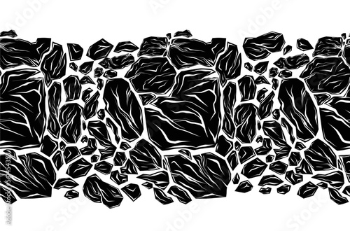 Horizontal vector seamless border with monochrome broken stones. Earthquake danger. Texture frame with black silhouette of smashed rocks