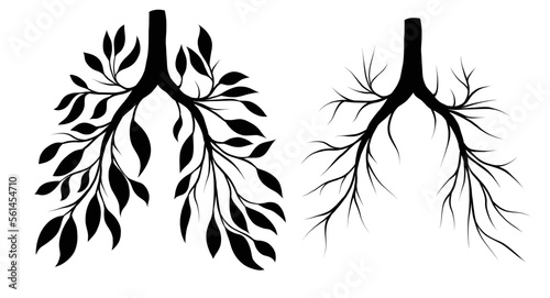 Vector set of black silhouette of human lungs from leaves and branches. Withering health. Old human organ. Earth seasons.