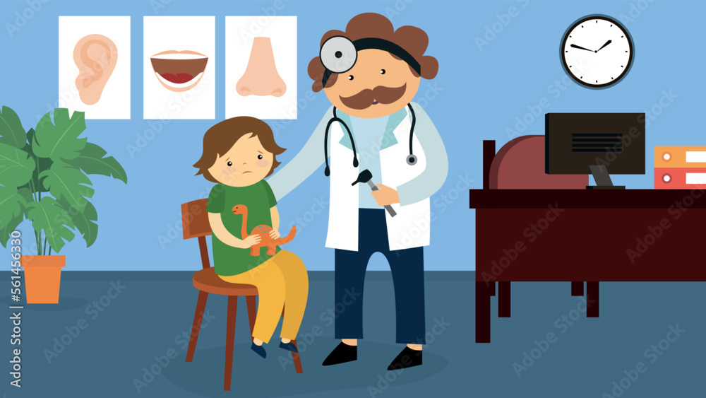 ENT doctor examines a boy with a toy with a dinosaur in his hands ENT doctor examines a boy with a toy with a dinosaur in his hands