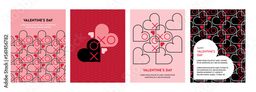 Valentine's day concept posters set. Vector illustration. red and pink paper hearts with frame on geometric background. Cute love sale banners or greeting cards