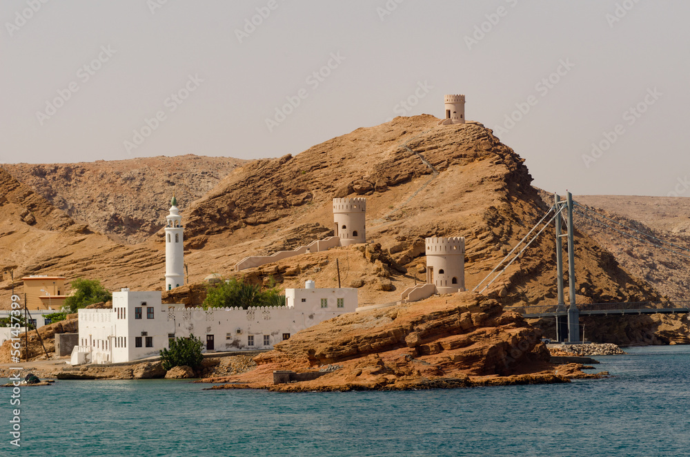 Beautiful seaside mosque in the fortified port city of Sur on the coast of the Gulf of Oman