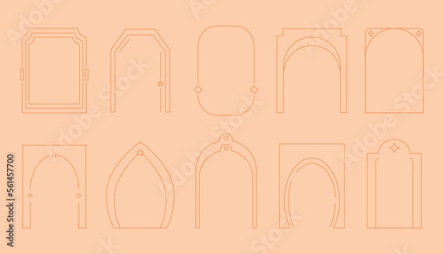 Outline frame logo set, line arch set. Bohemian linear shapes, stars and sun in badge, abstract elements. Boho architecture elements. Geometric shapes. Vector design recent graphic template
