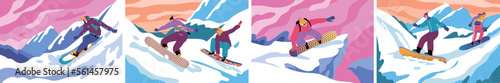 Winter snowboard sport, athlete characters scene. Slides with snow landscape, freeride on downhill. Extreme lifestyle. Young men and woman activity. Vector cartoon exact illustration