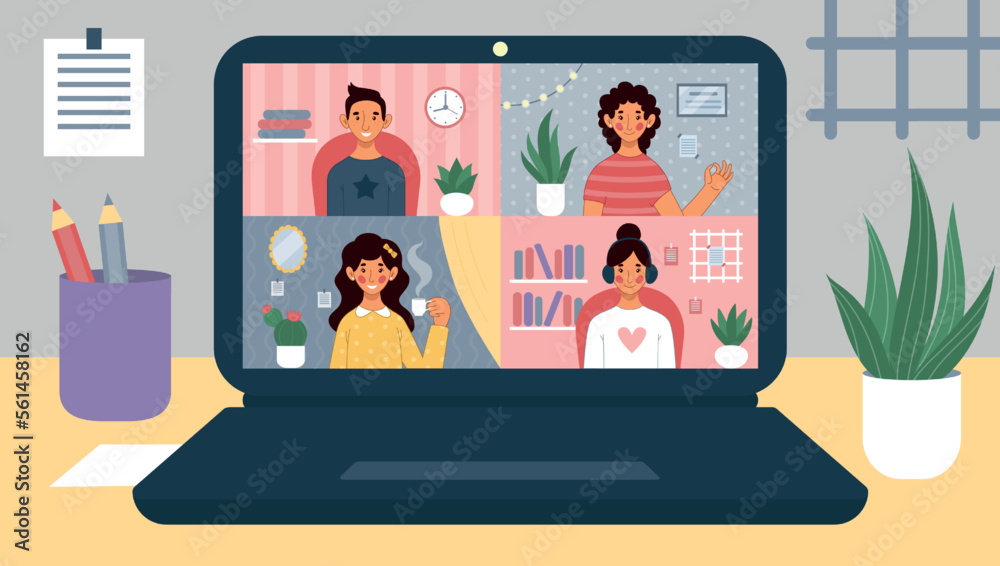 Online home work, virtual video call. Remote office conference on laptop, online team group chat, business meeting internet communication. Vector cartoon flat illustration tidy concept