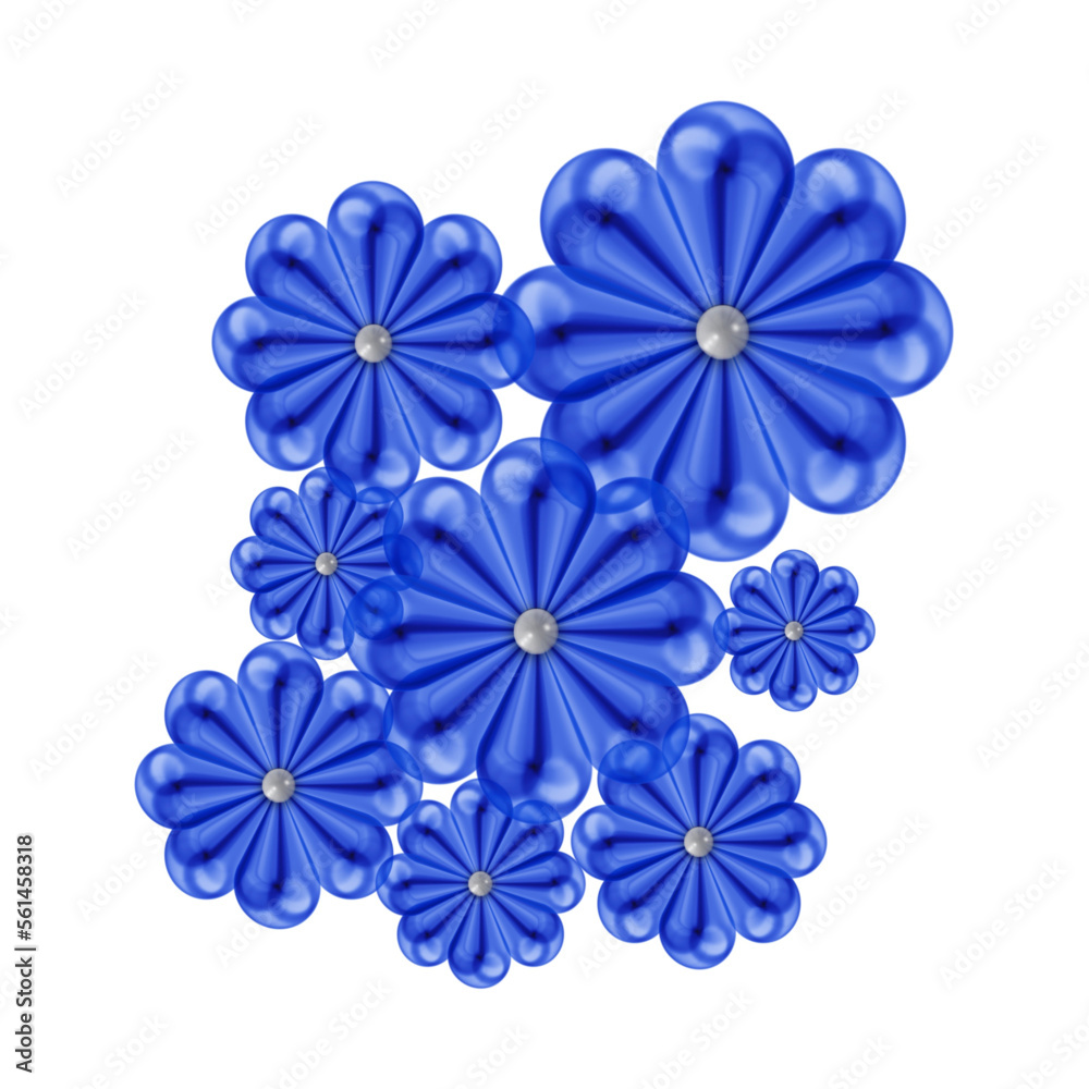 ガラス風の青い花のモチーフイラスト、透明感のある花のイラスト、透明な花模様 ガラス風の青い花のモチーフイラスト、透明感のある花のイラスト、透明な花模様