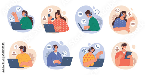 Fototapeta Naklejka Na Ścianę i Meble -  Email call center, customer chat. Men and women professional help service, live touch, get query by telephone, media systems. Operator cartoon people. Vector illustration concept