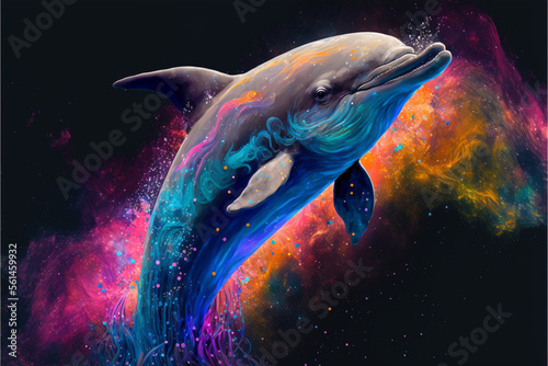 Photography A dolphin swims in the universe and nebula of science fiction