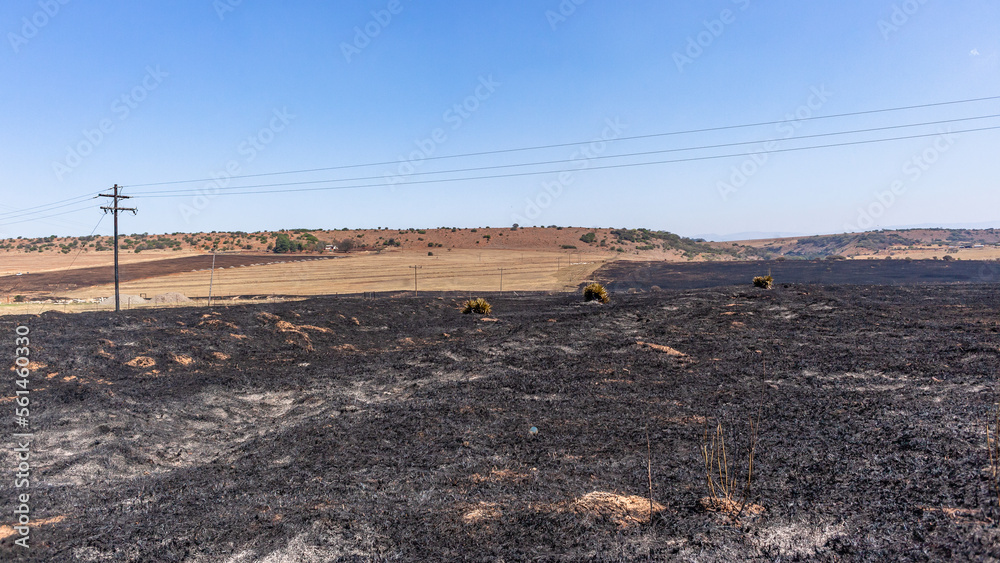 Farm Fire Burned Dry Grass Fields Blue Sky Horizon Hill.