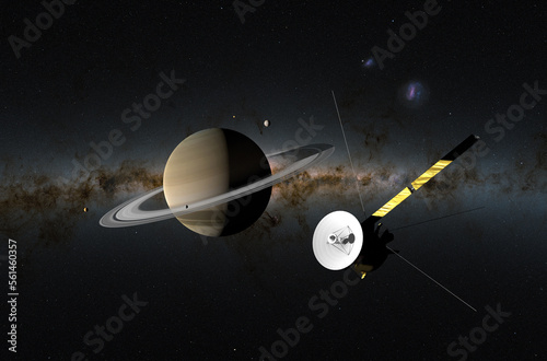 Fototapeta Naklejka Na Ścianę i Meble -  Cassini-Huygens space probe with Saturn and Enceladus and Titan. In the background: Jupiter - isometric view 3d illustration