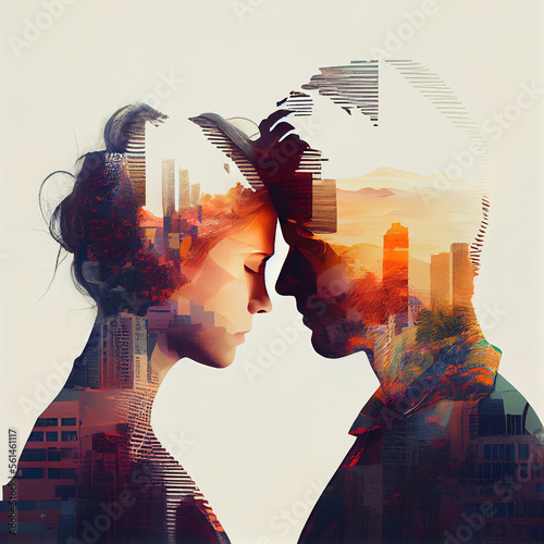 ?ity in the silhouette of two people, double exposition, love concept, Generative AI