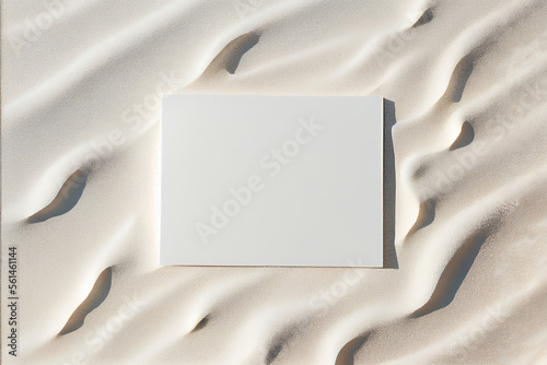 White paper on a sand, top view, copy space, Generative AI