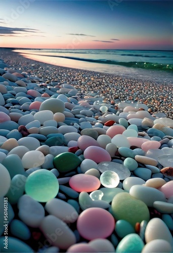 Colorful glass stones on the beach. Generative ai.
