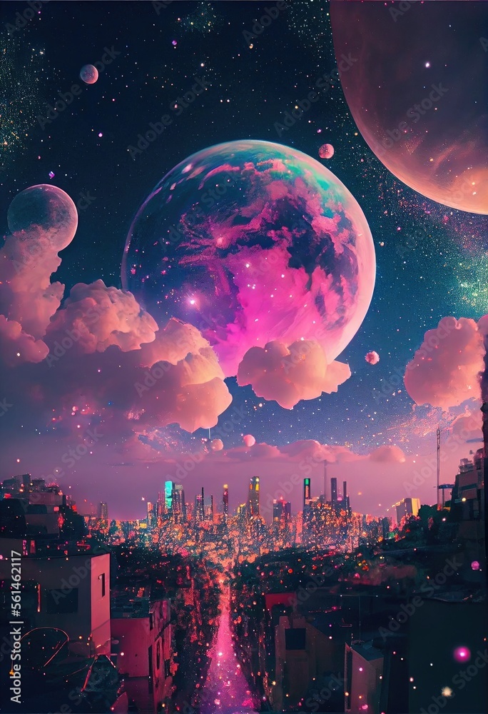 Big moon and pink clouds at night city over the city. Fantasy scene. Generative ai Big moon and pink clouds at night city over the city. Fantasy scene. Generative ai