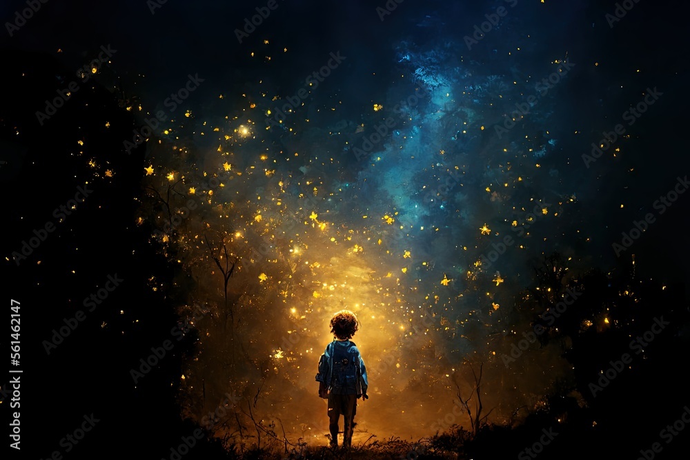 A little boy walks on a path made of stars, surrounded by the cosmic sky and galaxies. A little boy walks on a path made of stars, surrounded by the cosmic sky and galaxies.