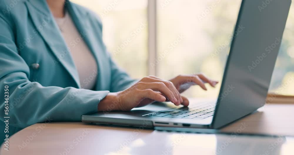 Laptop, hands and business woman typing feedback review of social media survey, customer experience or ecommerce website. Online research, digital marketing and advertising worker writing user report Laptop, hands and business woman typing feedback review of social media survey, customer experience or ecommerce website. Online research, digital marketing and advertising worker writing user report