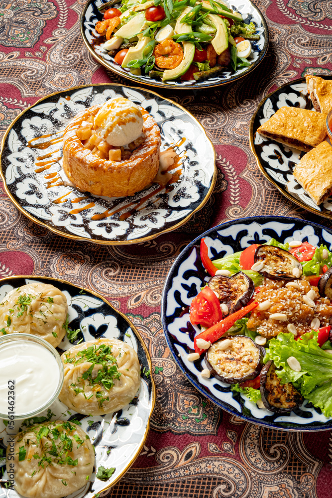  The concept of oriental cuisine. Uzbek food manty dumplings. Uzbek food.