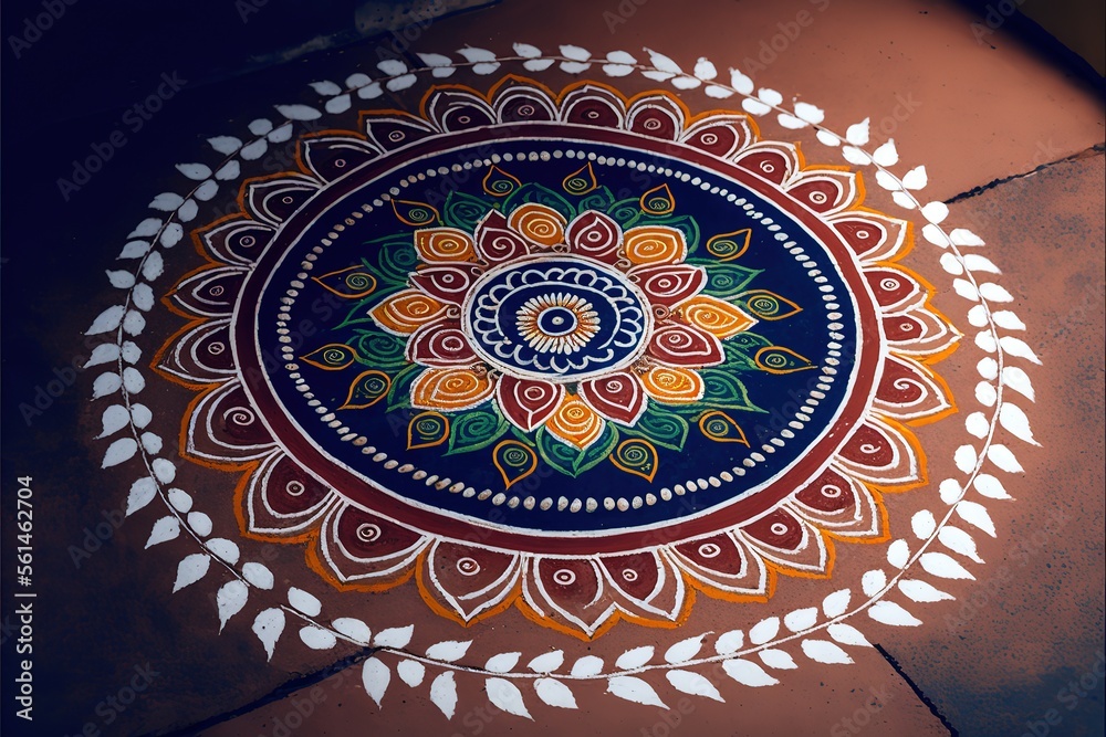 Indian hindu traditional rangoli during festivals and celebrations on the wall of residence. Generative AI