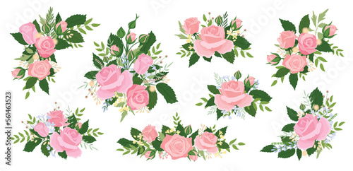 Pink watercolor roses, floral wedding decor compositions. Invite frame elements, spring paint branch, green summer leaves. Romantic botanical collection. Vector design neoteric isolated set