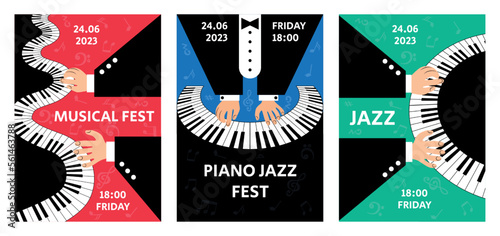 Piano performance. Jazz concert. Music posters. Keyboard and hands. Pop art player in tuxedo. Woman fingers play pianoforte. Musical fest banners set. Vector illustration current design