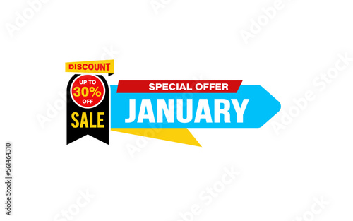 30 Percent JANUARY discount offer, clearance, promotion banner layout with sticker style. 