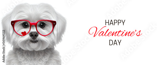 Banner for Valentine's Day with funny maltese dog wearing red glasses with heart. Isolated on white background cute dog for 14 February greetings and other holiday-themed projects. Generative AI photo