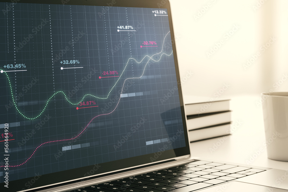 Modern computer monitor with abstract statistics data hologram interface, computing and analytics concept. 3D Rendering Modern computer monitor with abstract statistics data hologram interface, computing and analytics concept. 3D Rendering