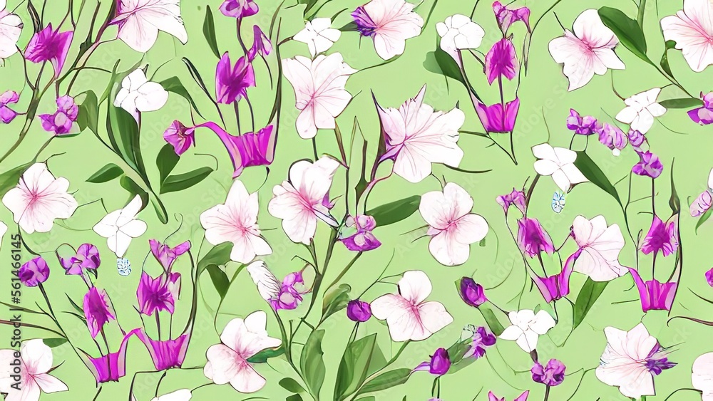 Seamless floral pattern of assorted Alstroemeria flowers, also known as Peruvian lily or lily of the Incas, leaves buds and petals on green background top view flat layout.