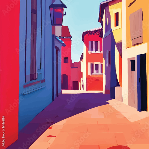 Evening colorful street in Burano island, Venice, Italy. Retro style. - Colorful Flat Art
