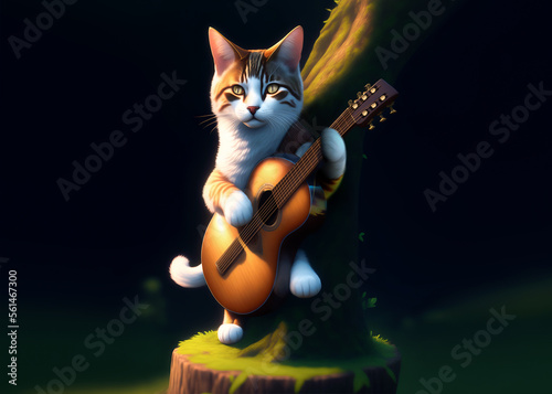 Kitten musician performs melodies with a guitar. Cartoon photorealistic Illustration. Cat Playing Guitar songs in the forest. Generative a.i.
