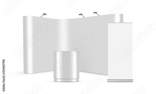 Blank Pop Up Display Stand with Roll Up and Table, Isolated on White Background. Vector Illustration