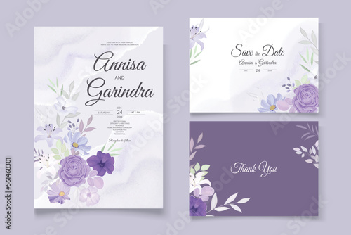 Purple Floral Wedding Invitation Set  card with beautiful floral and leaves template Premium Vector