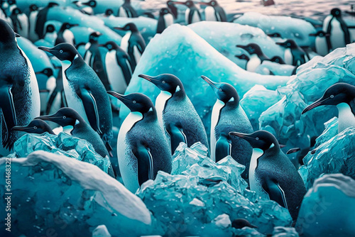Close-up of a group of penguins amongst ice