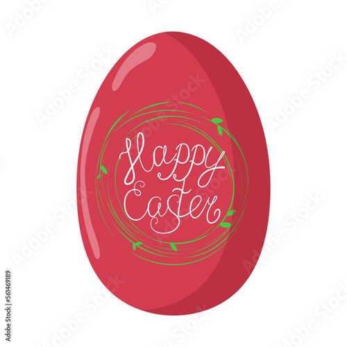 Easter Egg with pictures, ornaments. Red egg with an inscription. Congratulations on the holiday of Easter. Postcard design. Vector illustration.