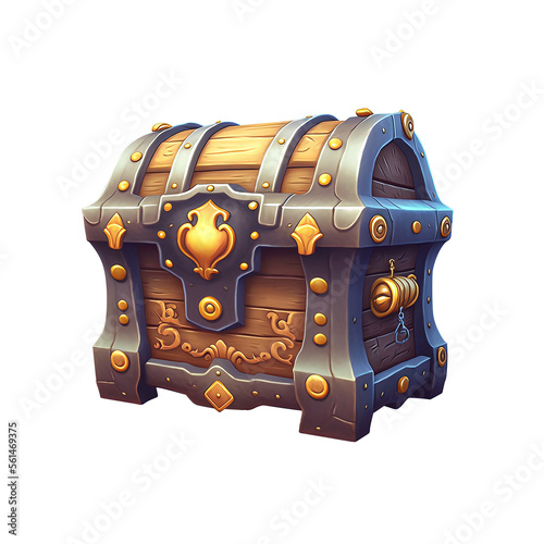 Treasure chest on transparent background. Illustration of a medieval treasure chest made of wood and metal. 3D Isometric treasure chest icon photo