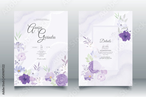 Purple Floral Wedding Invitation Set card with beautiful floral and leaves template Premium Vector
