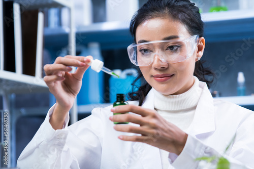 Natural medicine research with organic plants and scientific extraction for the production of cosmetics for body health care, researchers test products to determine their effects on the body