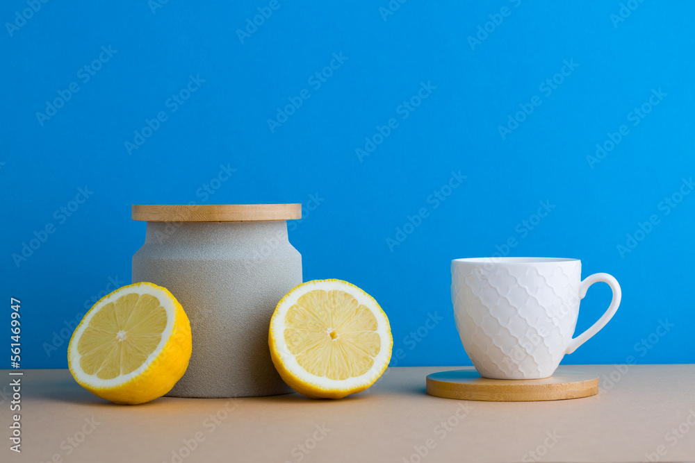 A front view of lemon decorated with tea