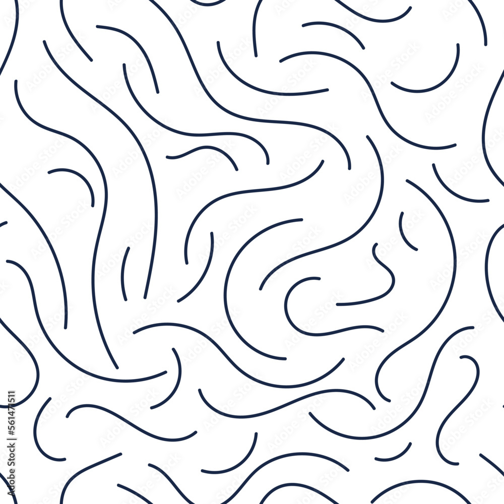 Seamless pattern of wavy chaotic dark blue lines on a white background. Template for fabric, paper, wallpaper, interior.