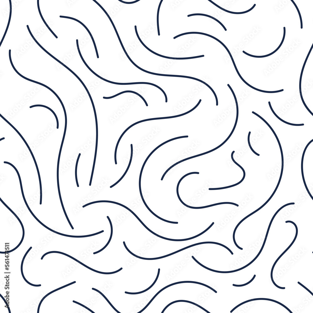Seamless pattern of wavy chaotic dark blue lines on a white background. Template for fabric, paper, wallpaper, interior. Seamless pattern of wavy chaotic dark blue lines on a white background. Template for fabric, paper, wallpaper, interior.