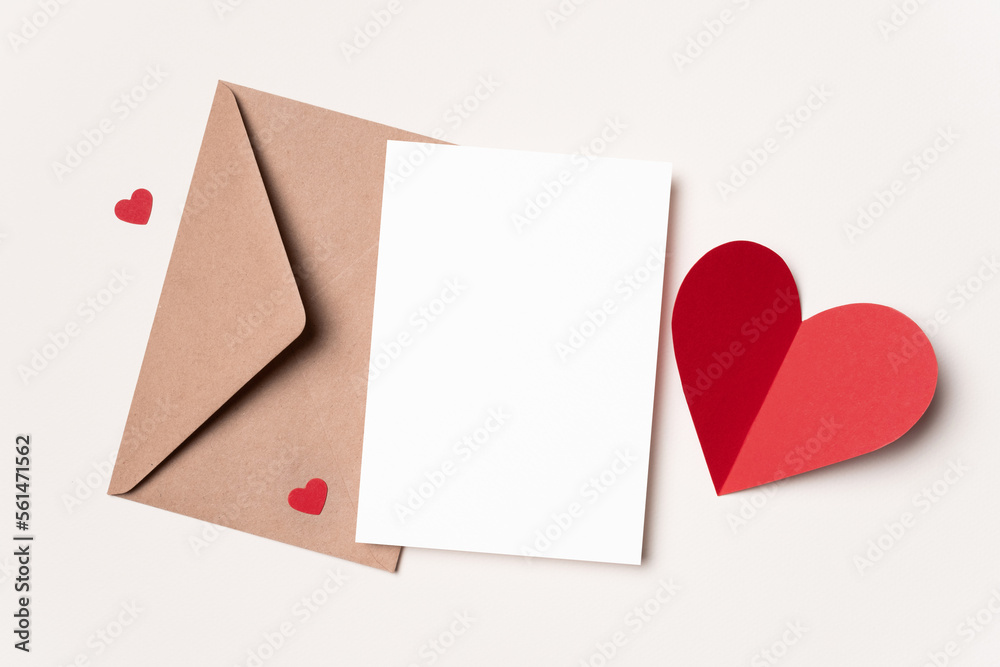 Blank Valentines Day greeting card mockup with red heart and envelope Blank Valentines Day greeting card mockup with red heart and envelope