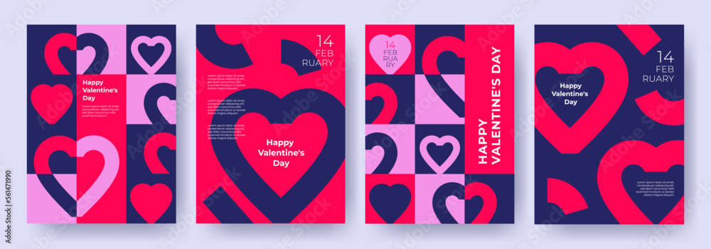 Creative concept of Happy Valentines Day and Love cards, posters, covers set. Abstract minimal templates in modern geometric style with hearts pattern for celebration, decoration, branding, web banner - obrazy, fototapety, plakaty 
