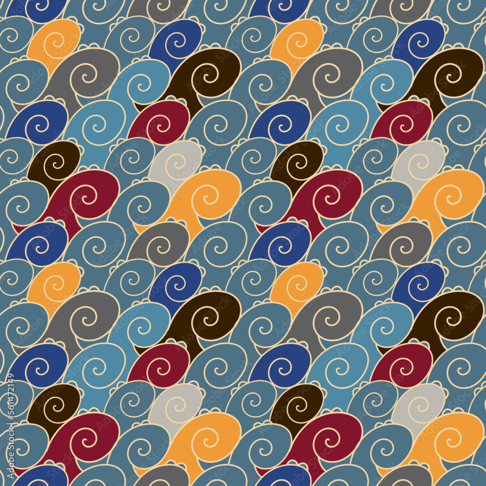 Sea swirling waves of blue, red, yellow, brown color. Seamless vector image on a blue background.