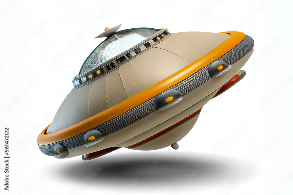 UFO flying saucer spaceship from outer space which is an alien craft, isolated on a white background, computer Generative AI stock illustration image UFO flying saucer spaceship from outer space which is an alien craft, isolated on a white background, computer Generative AI stock illustration image